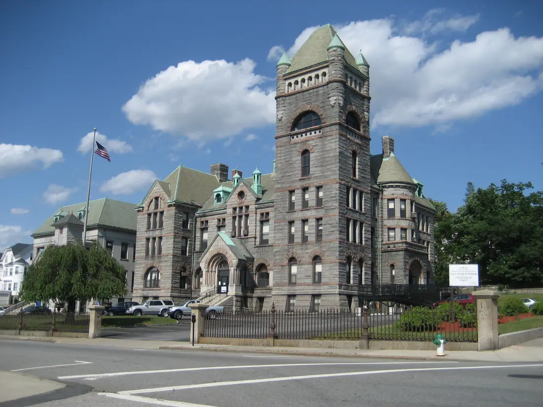 The Bristol County Superior Court building in Fall River, Massachusetts, a stone civic building on the National Register of Historic Places.