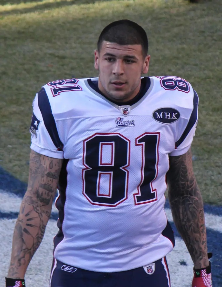 Tight end Aaron Hernandez in a New England Patriots uniform before a game in Denver.