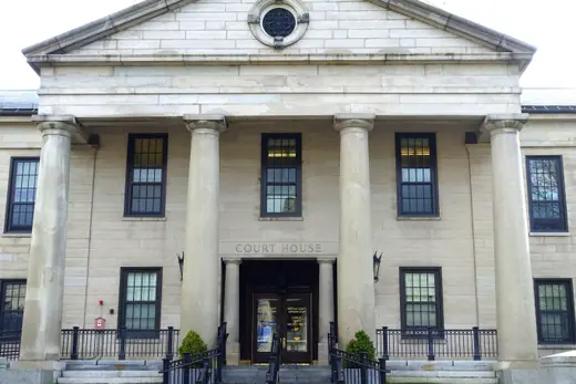 Front elevation of the Norfolk County Courthouse, Dedham, Massachusetts, photographed in 2017.