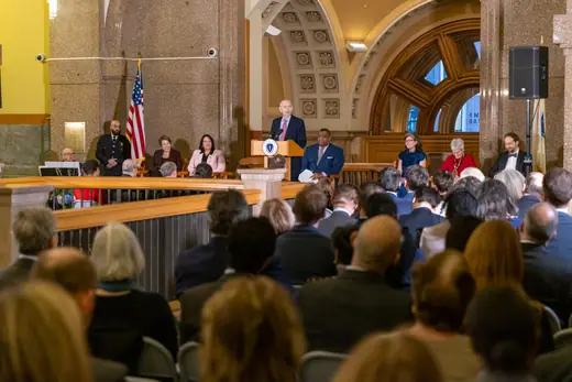 The interior of the John Adams Courthouse in Boston during a Supreme Judicial Court ceremony in 2024.