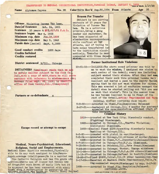 Federal prison inmate record sheet with photographs and typed identification details.