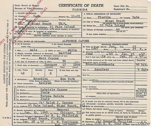 A 1947 Florida certificate of death, typed and signed, on a printed state form.