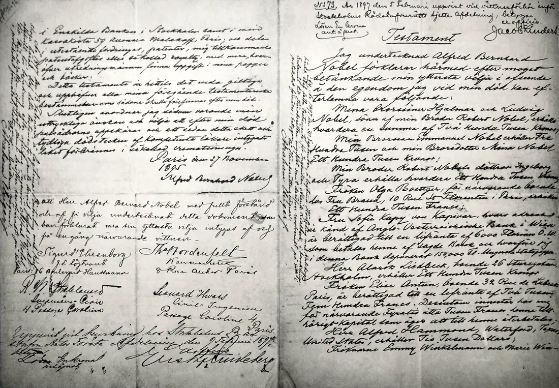 Open handwritten will of two facing pages in Swedish, dated 1895.