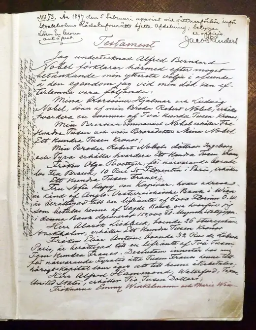 First page of Alfred Nobel's handwritten 1895 will, in Swedish, on ruled paper.