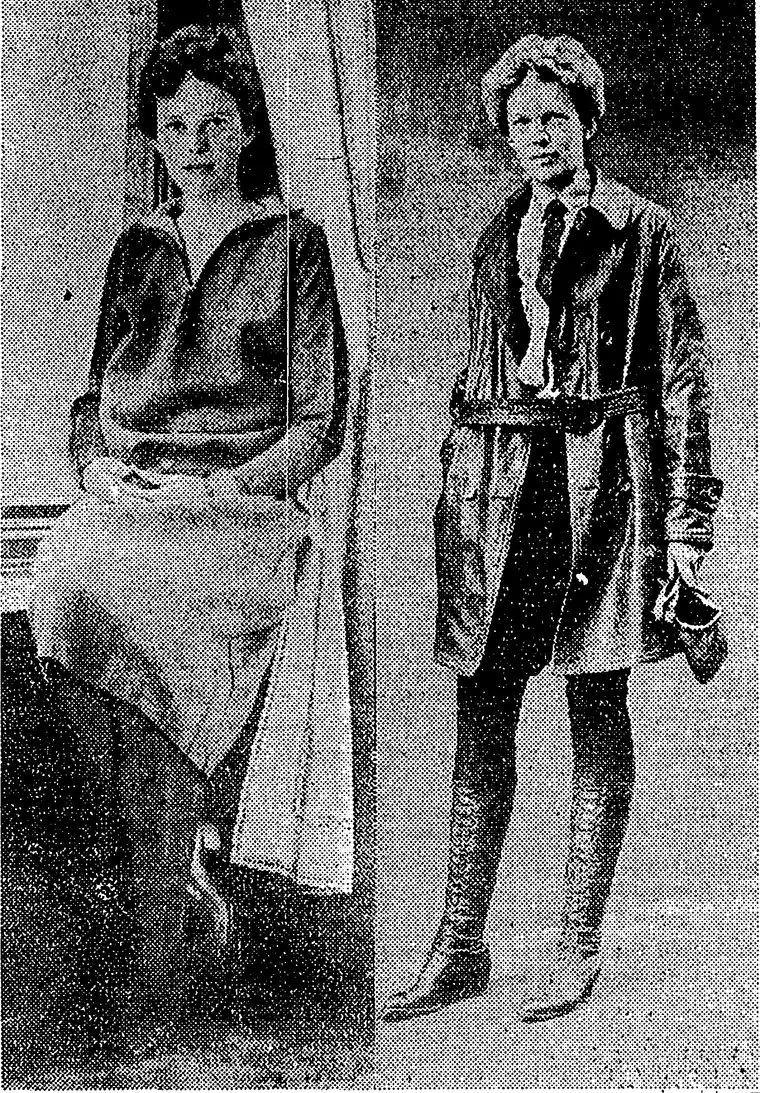 Two newspaper portrait poses of Amelia Earhart in a leather flying coat, published in 1928.