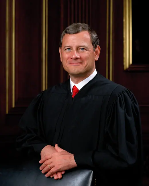 Official robed portrait of Chief Justice John Roberts standing beside a column.