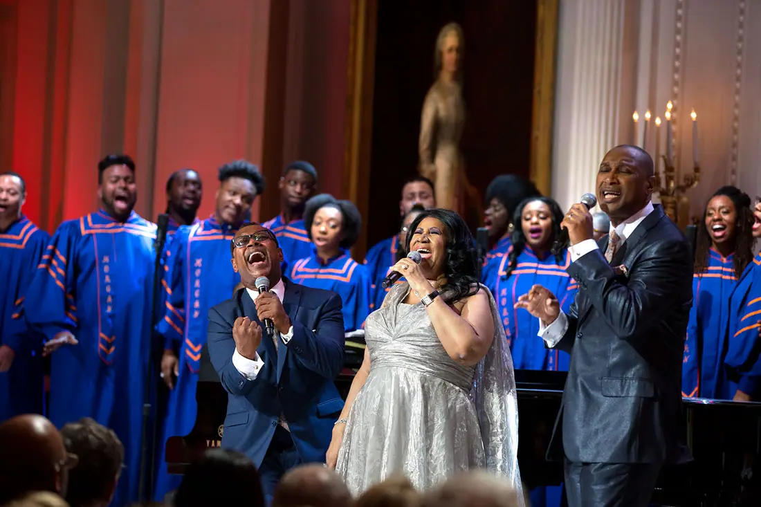 Aretha Franklin performing in the East Room of the White House, April 2015.
