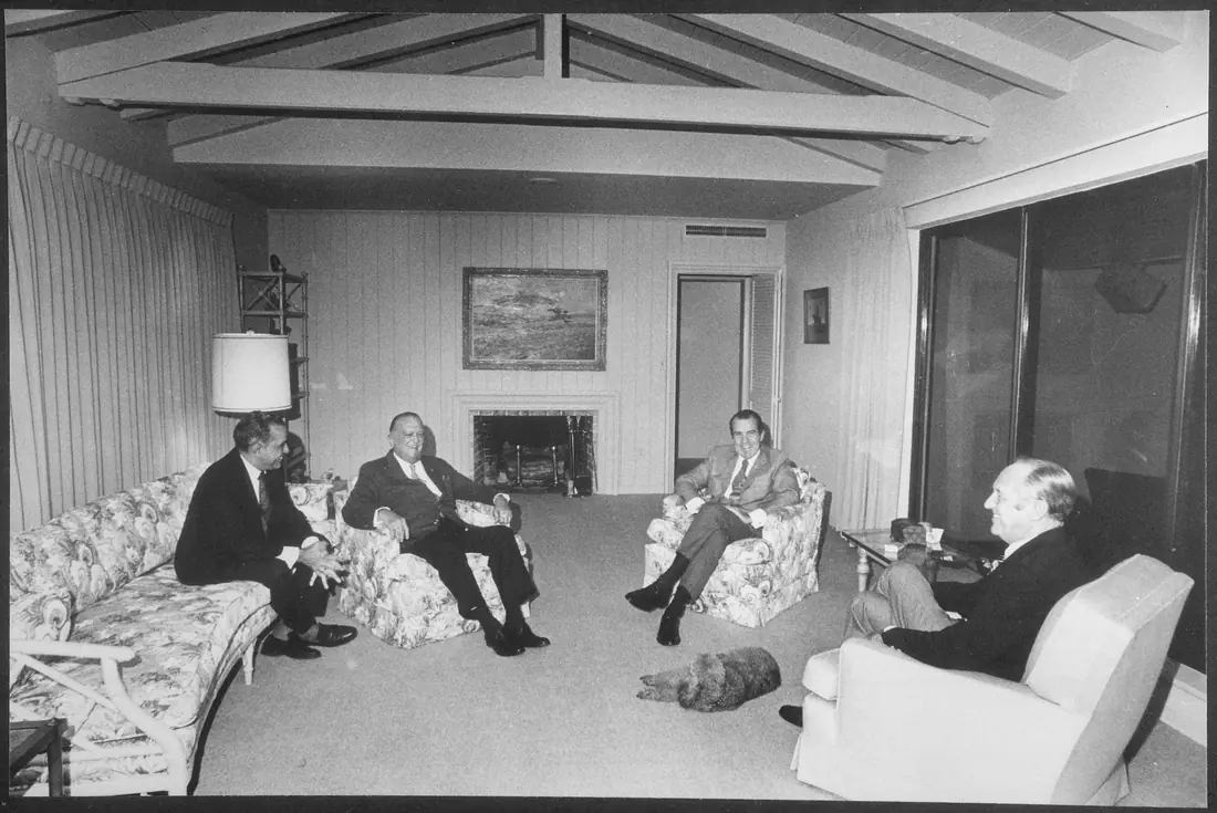 Bebe Rebozo, J. Edgar Hoover, President Nixon and Secretary of State William P. Rogers before dinner at Nixon's Key Biscayne residence, December 1971.