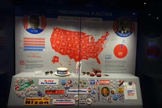 A 1972 campaign and victory exhibit inside the Richard Nixon Presidential Library and Museum.
