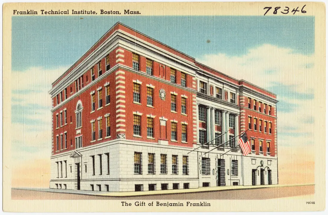 Colour postcard view of the Franklin Technical Institute in Boston, a brick institutional building seen from across the street.