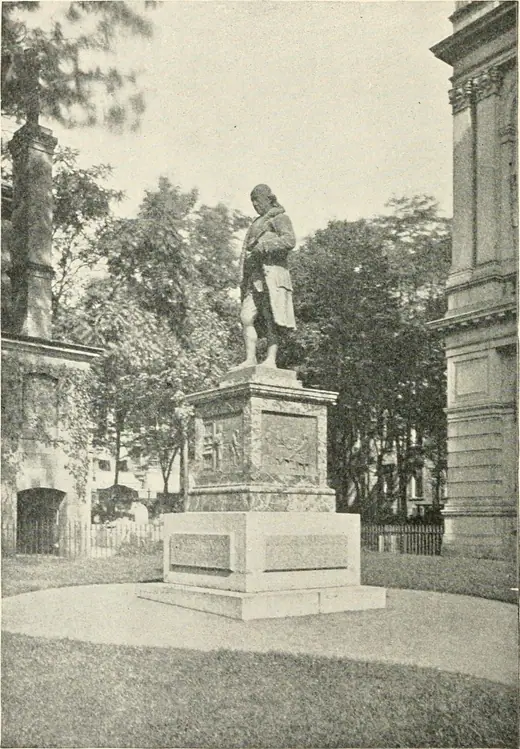Engraved illustration of the Benjamin Franklin statue standing in front of Boston City Hall, published in 1896.