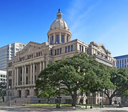 Corinthian columns and terra cotta detailing on the restored Harris County courthouse.