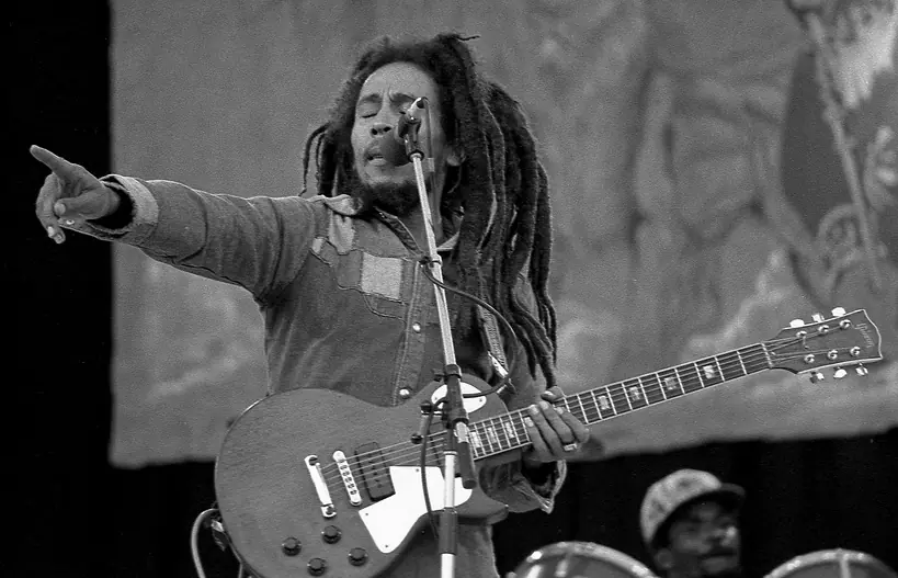 Bob Marley performing on stage at Dalymount Park, Dublin, in July 1980.