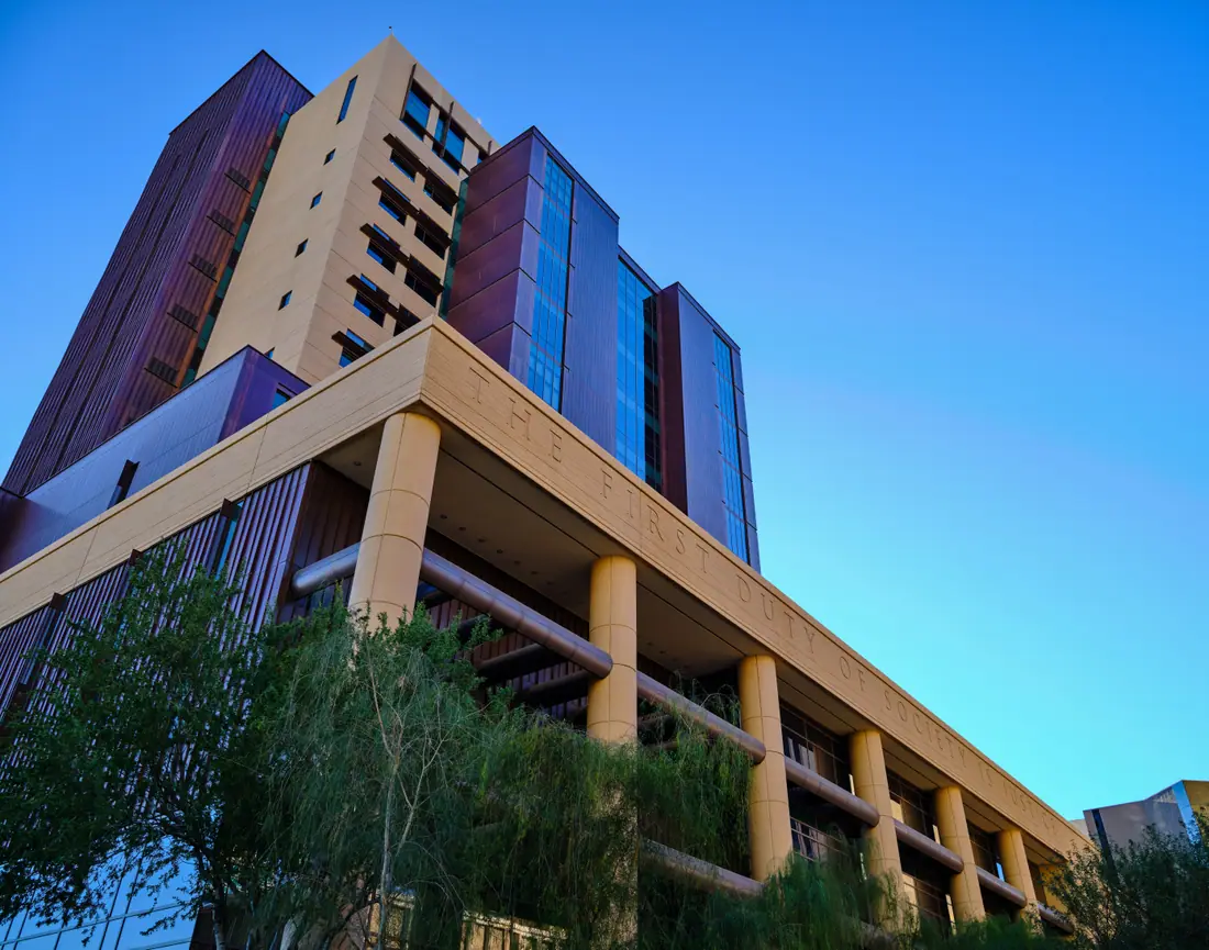 The facade of the Superior Court of Maricopa County in downtown Phoenix, inscribed with the words “The first duty of society is justice.”