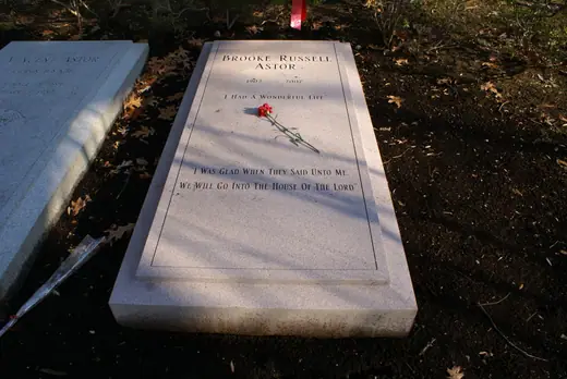 Brooke Astor's grave marker at Sleepy Hollow Cemetery, photographed in winter.