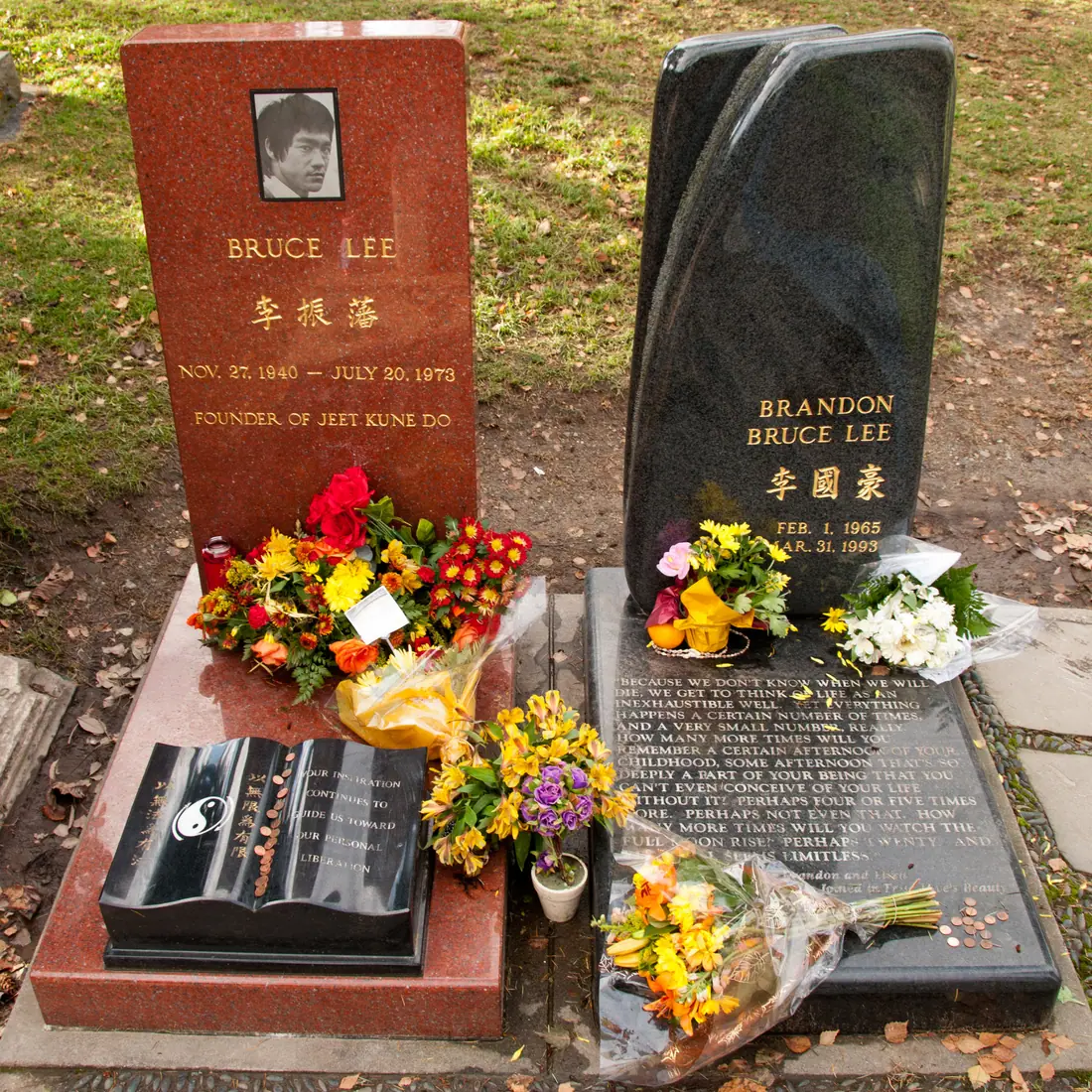 The side-by-side headstones of Bruce Lee and Brandon Lee at Lake View Cemetery in Seattle.