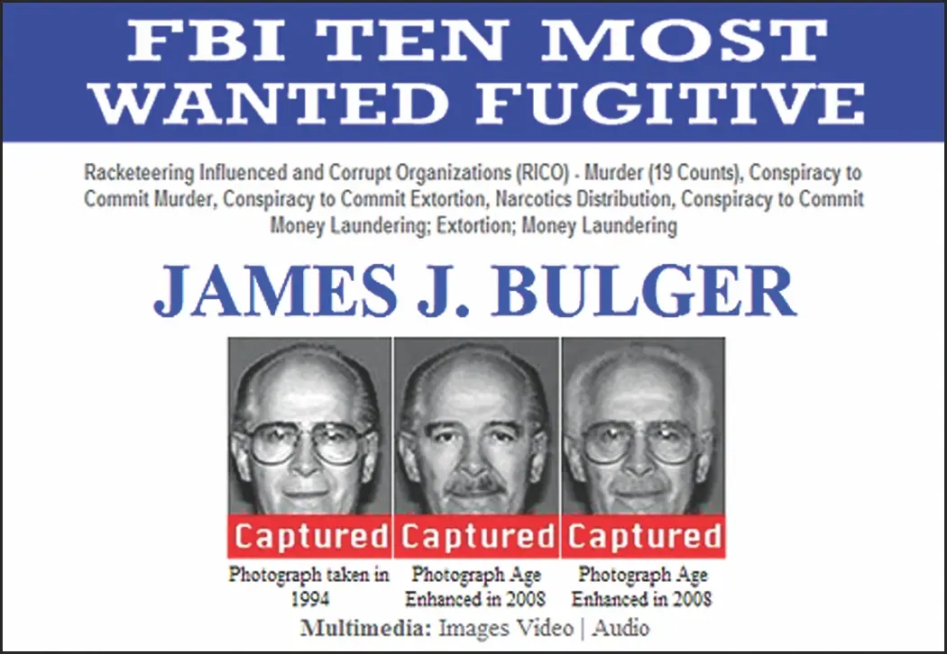 An FBI Ten Most Wanted Fugitives poster with photographs and identifying details.