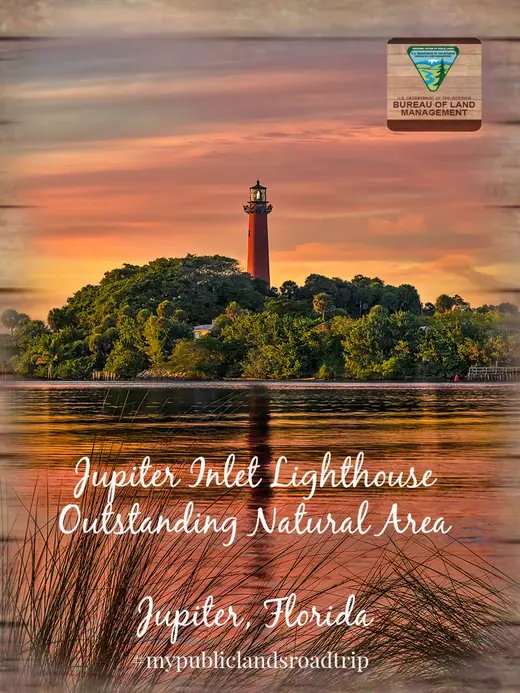 The red brick Jupiter Inlet Lighthouse rising above palms in Jupiter, Florida.