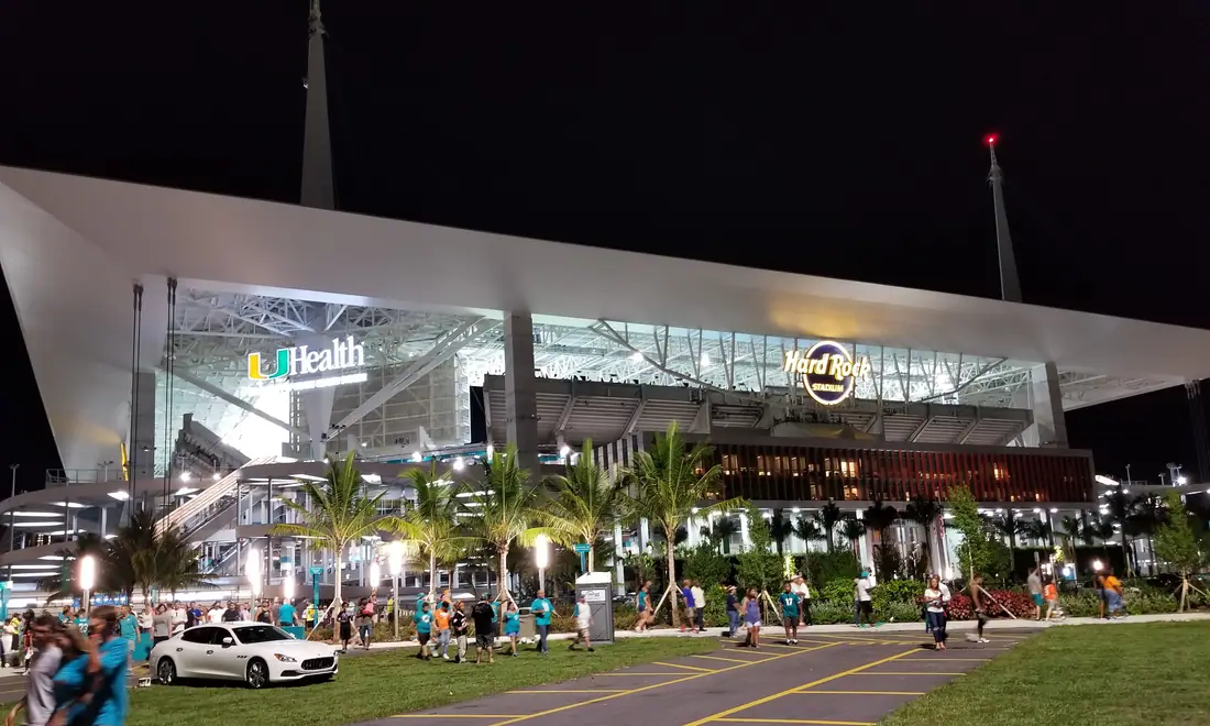 Exterior view of Hard Rock Stadium in Miami Gardens, Florida.