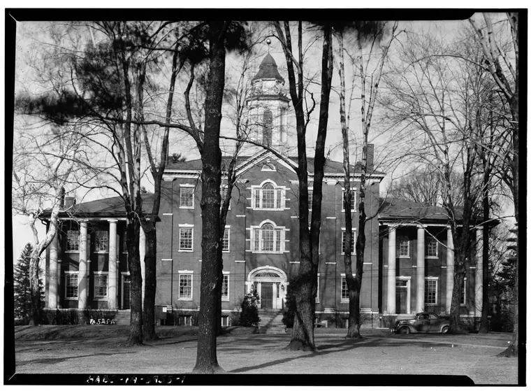 Front elevation of Bentley Hall at Allegheny College in Meadville, Pennsylvania, photographed in 1937.