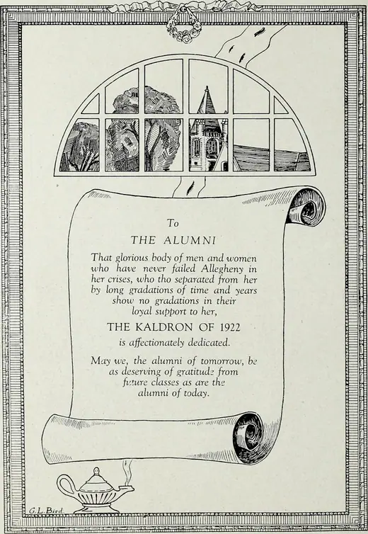 Page from Allegheny College's 1922 yearbook describing the college's history and its capital campaign.
