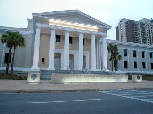 Front elevation of the Florida Supreme Court building with its steps and columns.