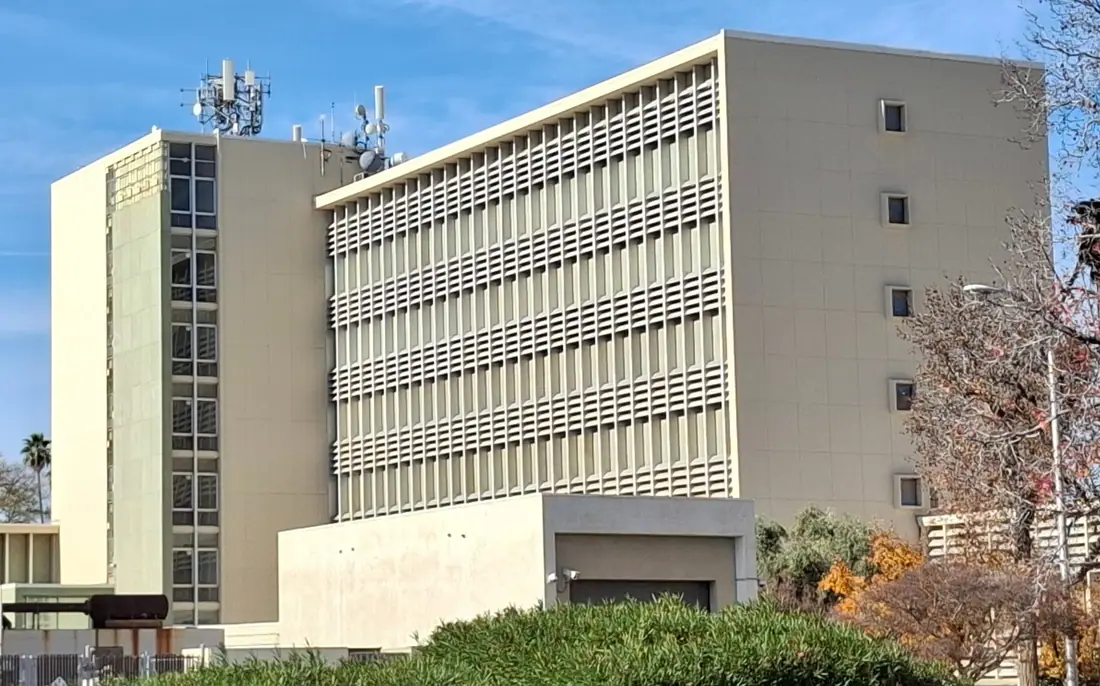 The southeast corner of the Kern County Superior Court building in Bakersfield, California.