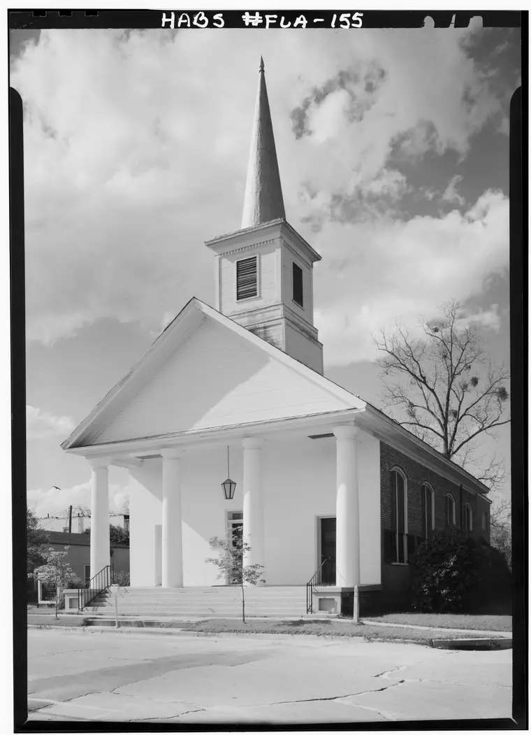 South elevation of Monticello Presbyterian Church, a brick church in Jefferson County, Florida, photographed in 1962.