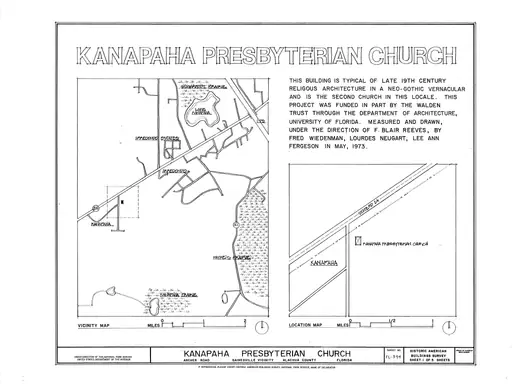 Measured architectural drawing of Kanapaha Presbyterian Church in Gainesville, Florida, showing elevations and a site plan.