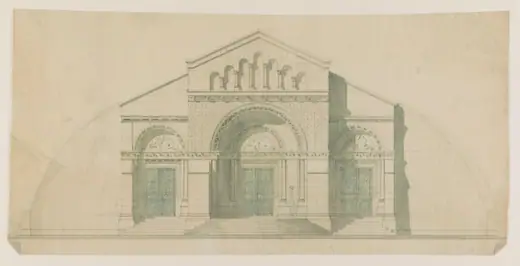 Architectural drawing of the Romanesque Vanderbilt mausoleum designed by Richard Morris Hunt for Moravian Cemetery, Staten Island.