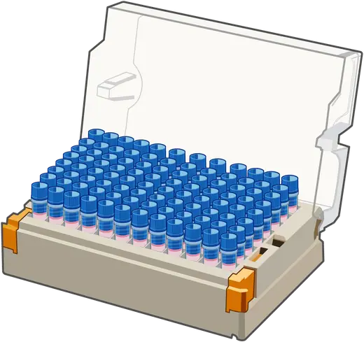 An illustration of an open cryogenic cold storage box with vials inside.