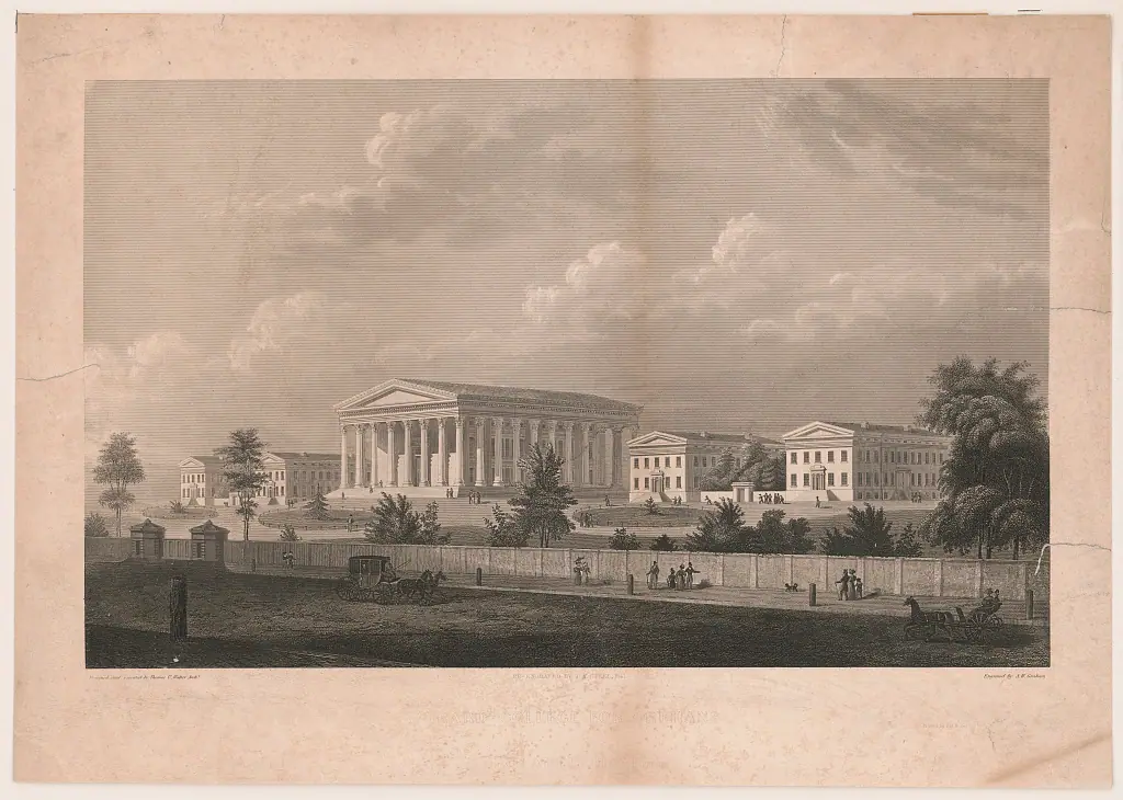 Nineteenth-century print of Girard College in Philadelphia, showing the colonnaded main hall and surrounding grounds.