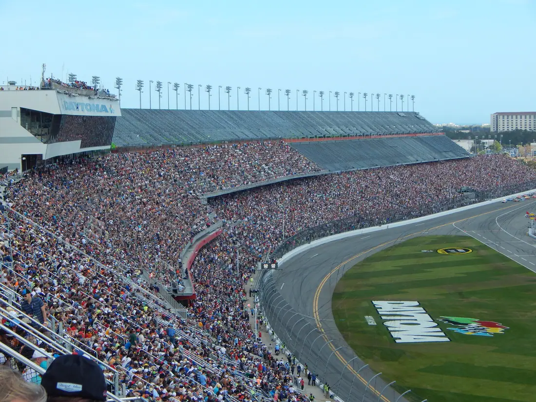 Grandstands and track at Daytona International Speedway on race day for the Daytona 500.
