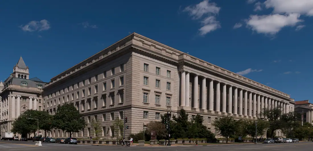 The Neoclassical Internal Revenue Service Building on Constitution Avenue in the Federal Triangle, Washington DC.