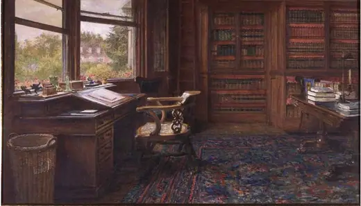 Watercolour of an empty chair drawn up to a writing desk in an untidy study.