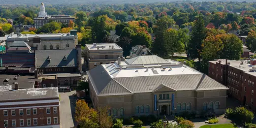 Wide view of the Berkshire Museum building and street frontage in Pittsfield, Massachusetts.