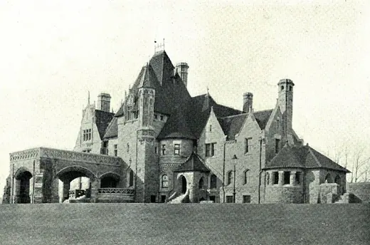 Engraved photograph of the Woodmont mansion published in 1901, showing the chateau above the Schuylkill valley.