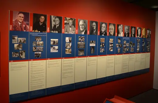 Museum gallery wall with a long illustrated timeline of Roosevelt's presidency at the FDR Presidential Library.