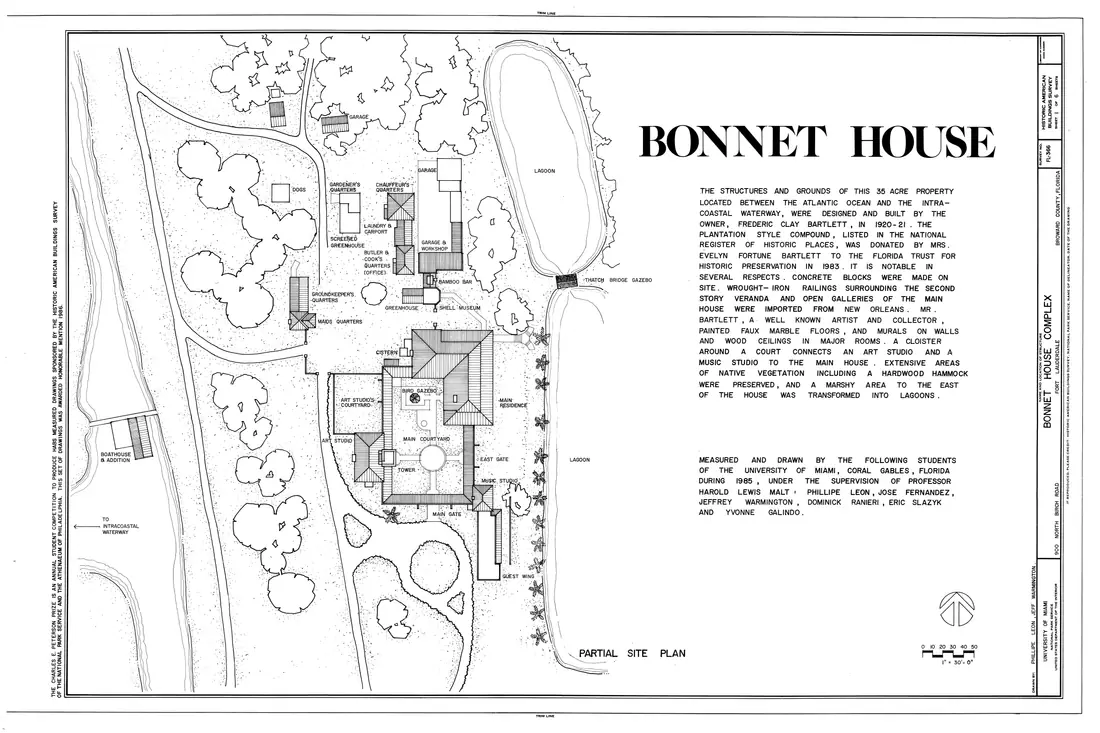 A Historic American Buildings Survey measured drawing of the Bonnet House in Fort Lauderdale, Florida.