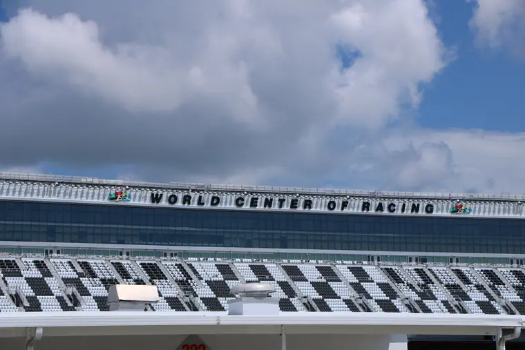The words World Center of Racing on the exterior of the Daytona Rising building at Daytona International Speedway.