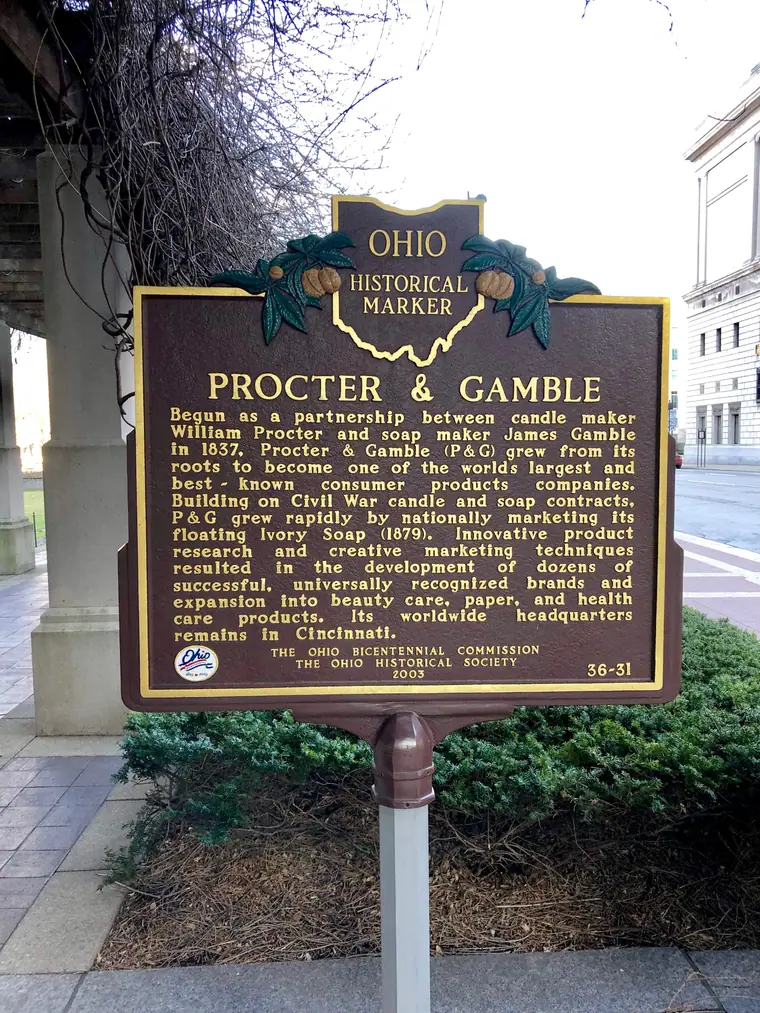 A historical marker outside the Procter and Gamble world headquarters in downtown Cincinnati.