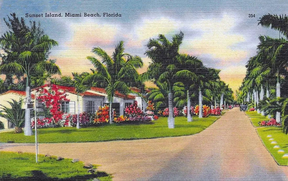 Vintage color postcard of waterfront houses and palm trees on Sunset Island, Miami Beach.