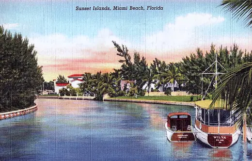 Vintage postcard view of a canal running between the Sunset Islands in Miami Beach.