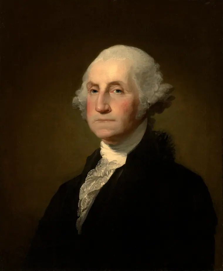 Oil portrait of George Washington in a black coat with white cravat, seated and facing the viewer.
