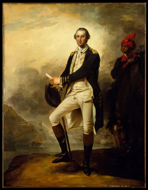 Painting of George Washington in uniform standing beside a horse, with his enslaved manservant William Lee holding the reins behind him.