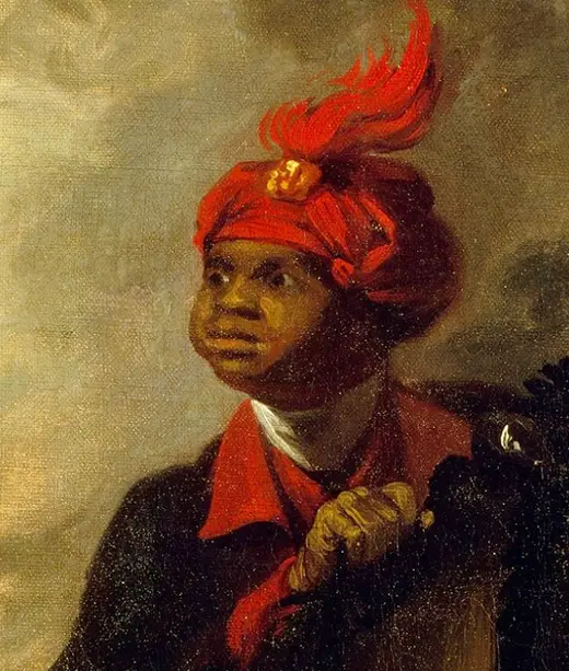 Detail of an eighteenth-century painting showing William Lee in a turban and blue coat, turned three-quarters toward the viewer.