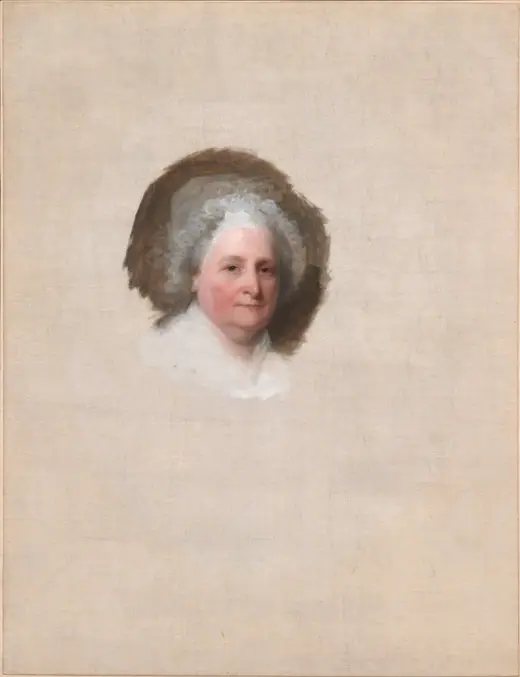 Unfinished oil portrait of Martha Washington in a white cap and fichu, head turned to her left.