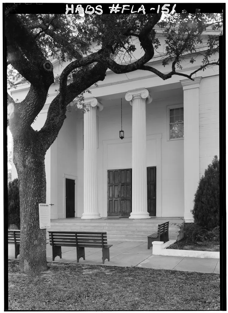 Portico on the southeast elevation of Trinity Episcopal Church in Apalachicola, Florida, photographed in 1962.