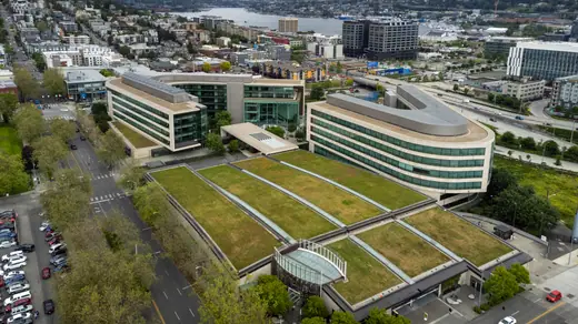 The curved facade of the Gates Foundation headquarters building in Seattle.