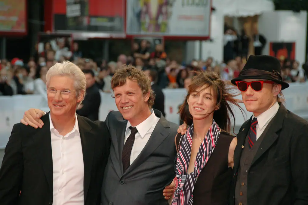 Richard Gere, Todd Haynes, Charlotte Gainsbourg and Heath Ledger on stage at the 64th Venice Film Festival for I'm Not There.
